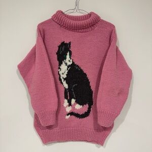 Vintage Hand Knit Cat Pullover Turtleneck Sweater Wool Size M